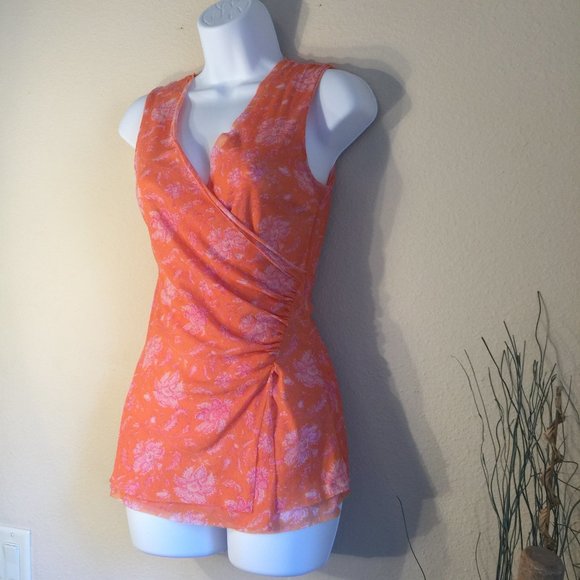 Piper & Sparrow raw hem mesh wrap top XS sleeveless apricot orange - Picture 2 of 13